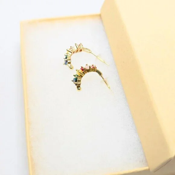 Golden Rainbow Rhinestone Gem Multicolor CZ Gold Plated Small Earrings - Picture 4 of 8